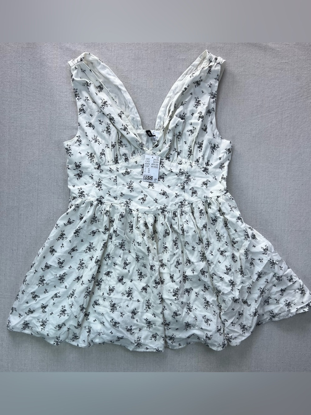 White Cotton Flowy V-Neck Mini Dress with Black Floral Print